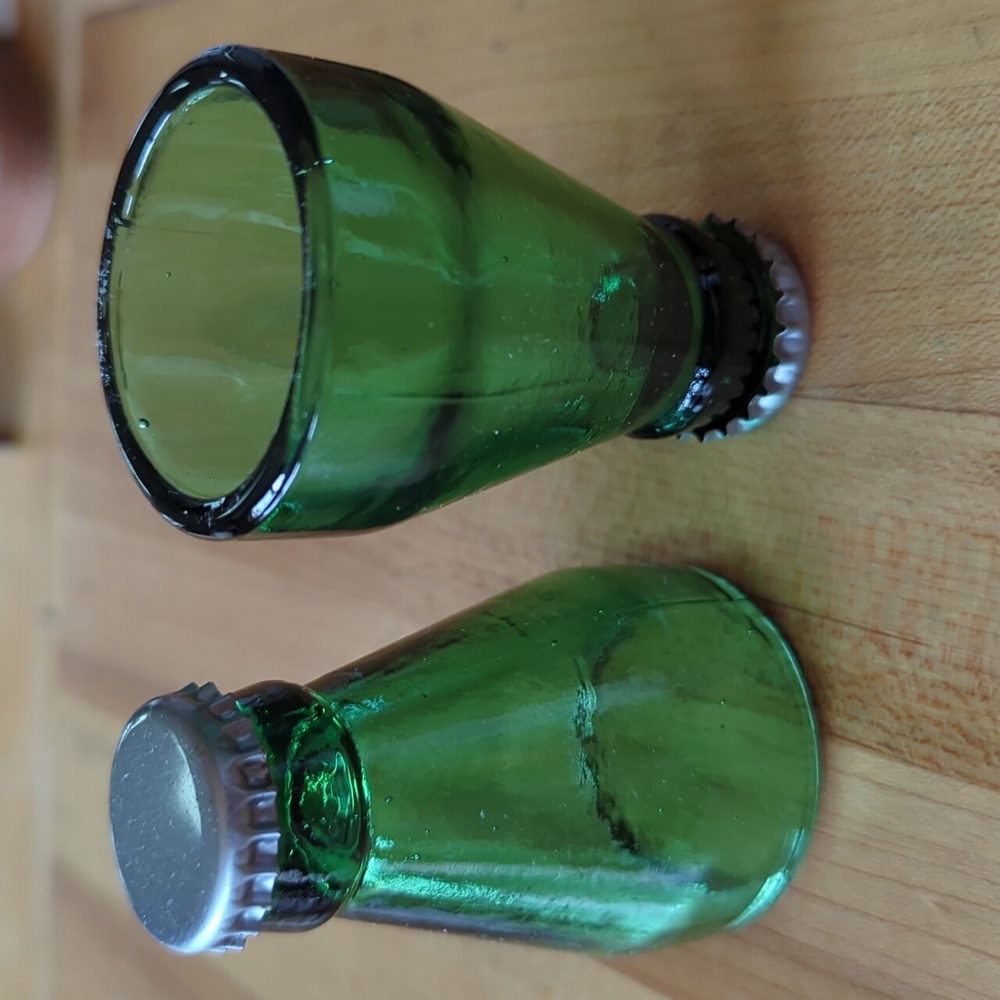 Shot glasses, set of two vintage green bottle top shot glasses